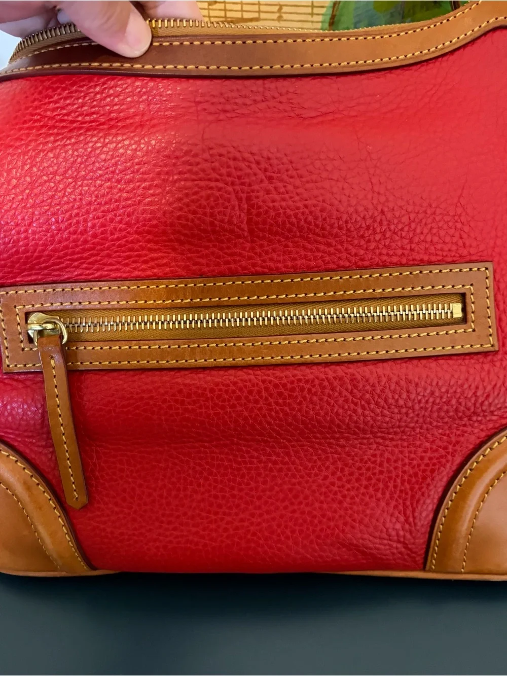 Dooney & Bourke Red Leather Shoulder Bag with Tan Trim